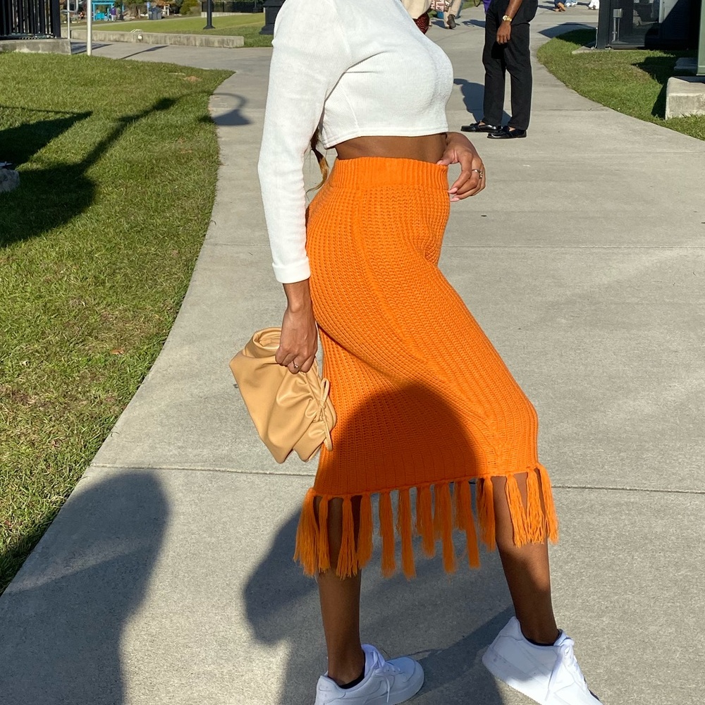 Fashion Nova Orange Knit Fringe Skirt